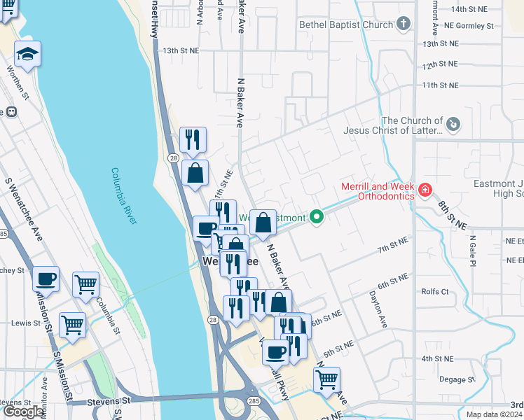 map of restaurants, bars, coffee shops, grocery stores, and more near 933 North Baker Avenue in East Wenatchee