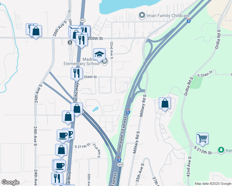 map of restaurants, bars, coffee shops, grocery stores, and more near 20499 32nd Place South in SeaTac