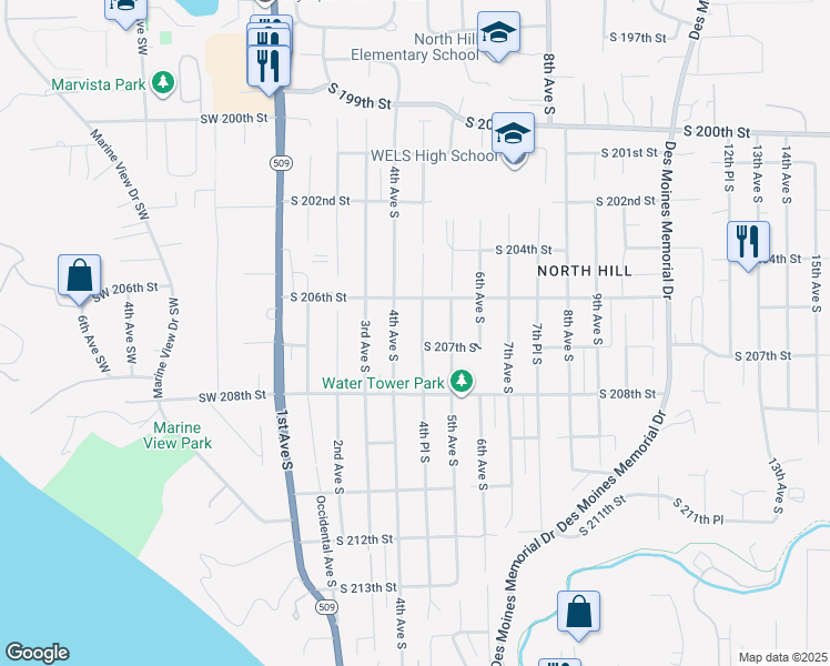 map of restaurants, bars, coffee shops, grocery stores, and more near 20627 4th Place South in Des Moines