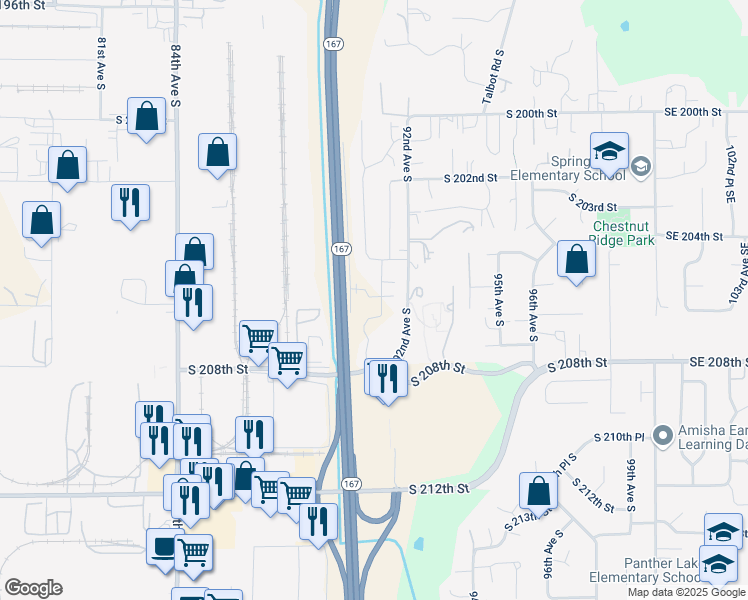 map of restaurants, bars, coffee shops, grocery stores, and more near 20615 92nd Avenue South in Kent
