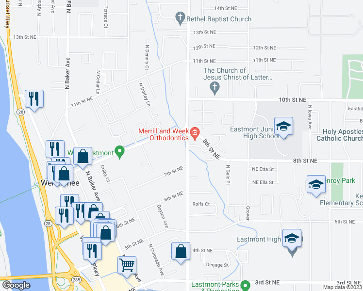 map of restaurants, bars, coffee shops, grocery stores, and more near 868 Eastmont Avenue in East Wenatchee