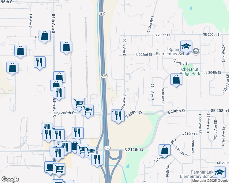 map of restaurants, bars, coffee shops, grocery stores, and more near 20615 92nd Avenue South in Kent