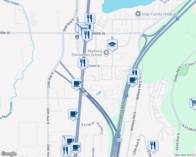 map of restaurants, bars, coffee shops, grocery stores, and more near 3023 South 204th Street in Seattle