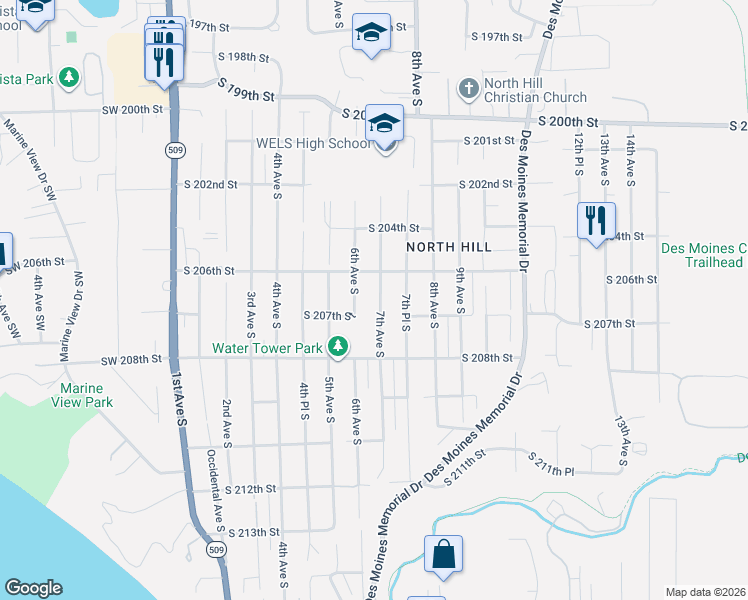map of restaurants, bars, coffee shops, grocery stores, and more near 20627 7th Avenue South in Des Moines