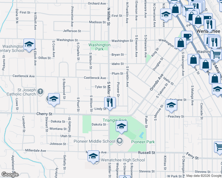 map of restaurants, bars, coffee shops, grocery stores, and more near 410 Pioneer Drive in Wenatchee