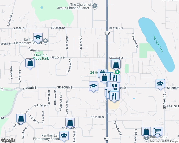 map of restaurants, bars, coffee shops, grocery stores, and more near 20447 105th Place Southeast in Kent