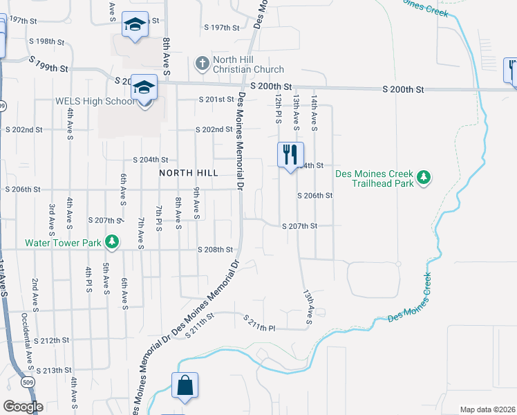 map of restaurants, bars, coffee shops, grocery stores, and more near 20619 12th Avenue South in SeaTac