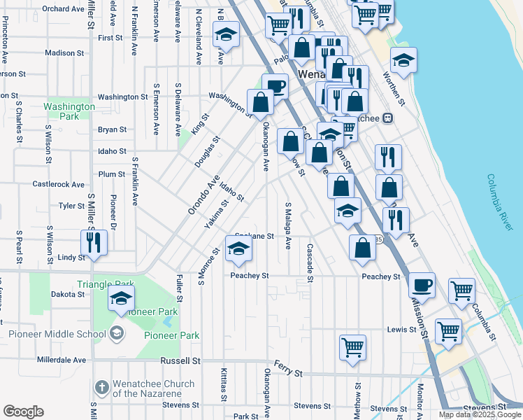 map of restaurants, bars, coffee shops, grocery stores, and more near 2 South Okanogan Avenue in Wenatchee