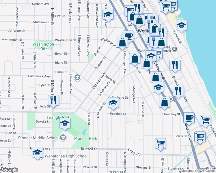 map of restaurants, bars, coffee shops, grocery stores, and more near 615 1/2 Yakima Street in Wenatchee