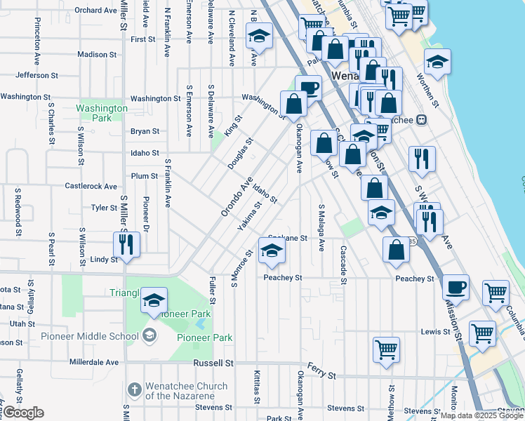 map of restaurants, bars, coffee shops, grocery stores, and more near 615 1/2 Yakima Street in Wenatchee
