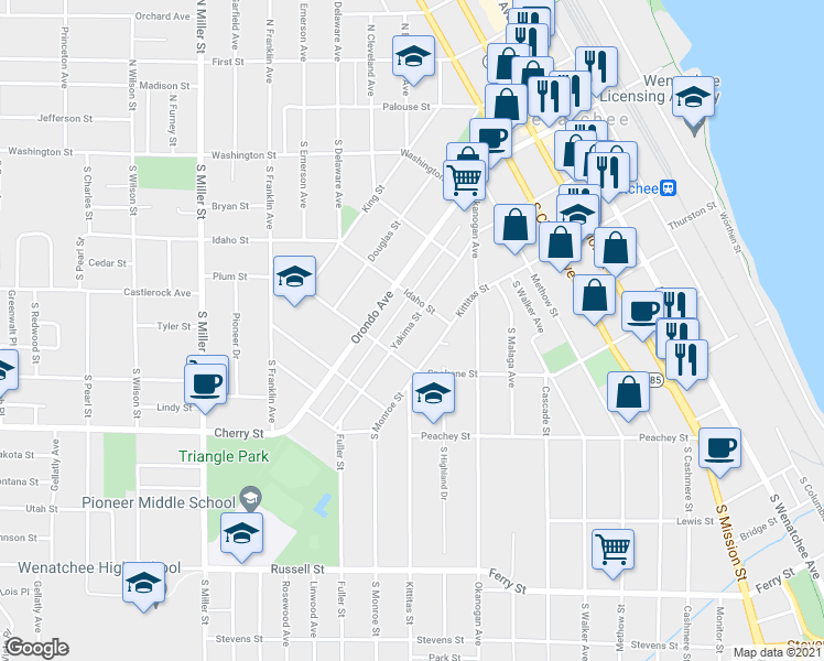 map of restaurants, bars, coffee shops, grocery stores, and more near 615 1/2 Yakima Street in Wenatchee
