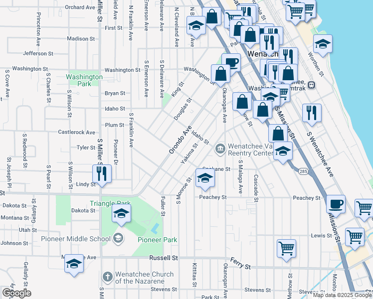 map of restaurants, bars, coffee shops, grocery stores, and more near 627 Orondo Avenue in Wenatchee