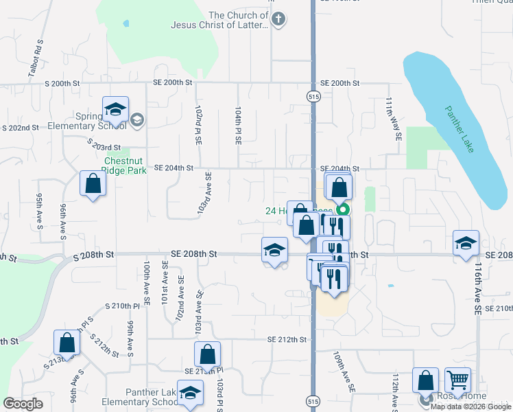 map of restaurants, bars, coffee shops, grocery stores, and more near 20447 105th Place Southeast in Kent