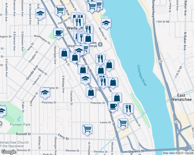 map of restaurants, bars, coffee shops, grocery stores, and more near 509 South Mission Street in Wenatchee