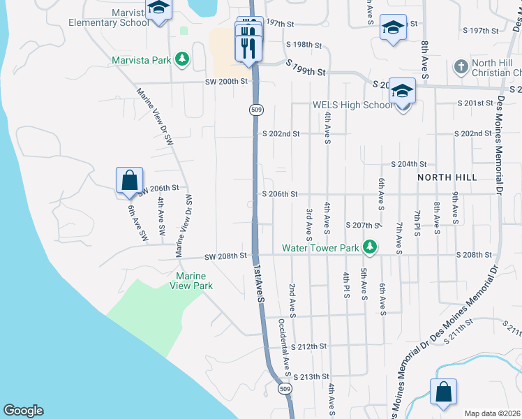 map of restaurants, bars, coffee shops, grocery stores, and more near 20618 1st Avenue South in Des Moines