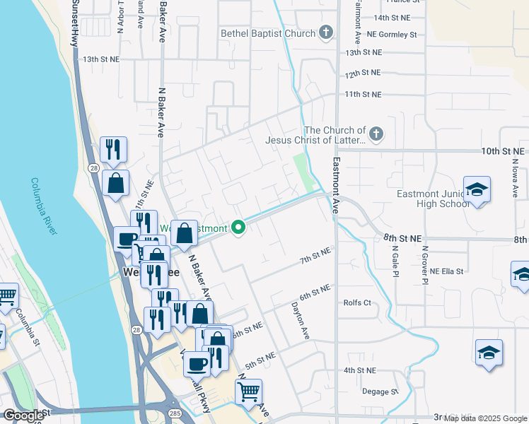 map of restaurants, bars, coffee shops, grocery stores, and more near 397 9th Street Northeast in East Wenatchee