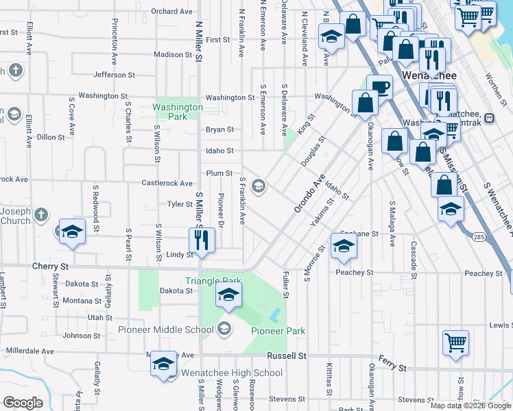 map of restaurants, bars, coffee shops, grocery stores, and more near 613 Hawthorne Street in Wenatchee