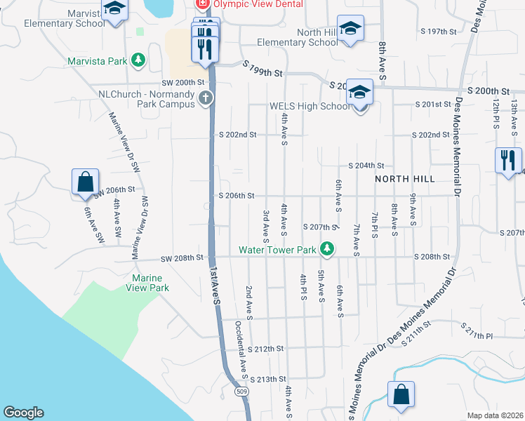 map of restaurants, bars, coffee shops, grocery stores, and more near 20619 3rd Avenue South in Des Moines