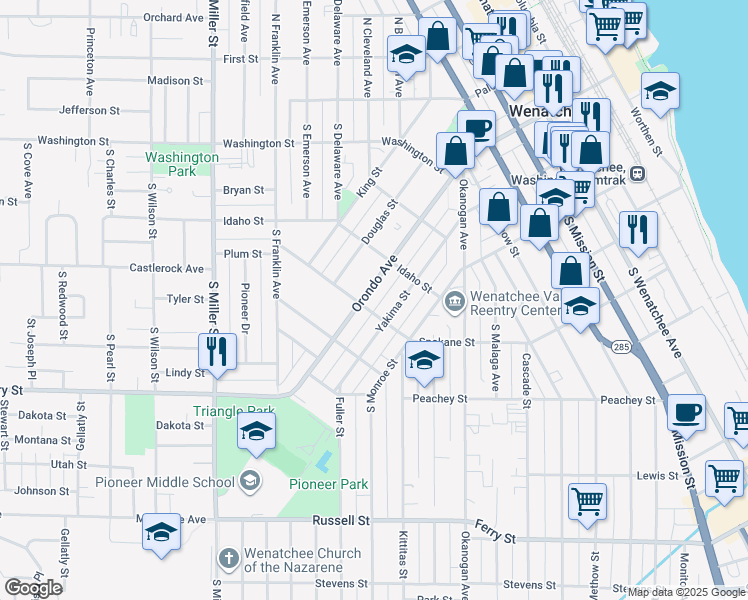 map of restaurants, bars, coffee shops, grocery stores, and more near 627 Orondo Avenue in Wenatchee