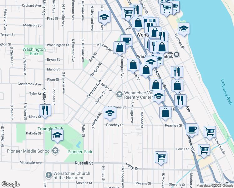 map of restaurants, bars, coffee shops, grocery stores, and more near 2 South Okanogan Avenue in Wenatchee