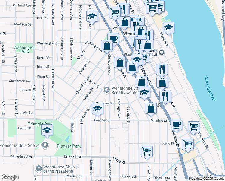 map of restaurants, bars, coffee shops, grocery stores, and more near 327 Okanogan Avenue in Wenatchee