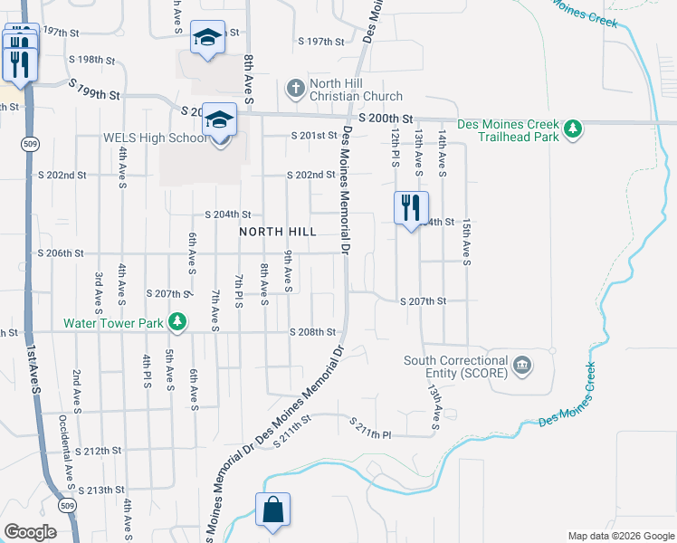 map of restaurants, bars, coffee shops, grocery stores, and more near 20618 11th Avenue South in Des Moines