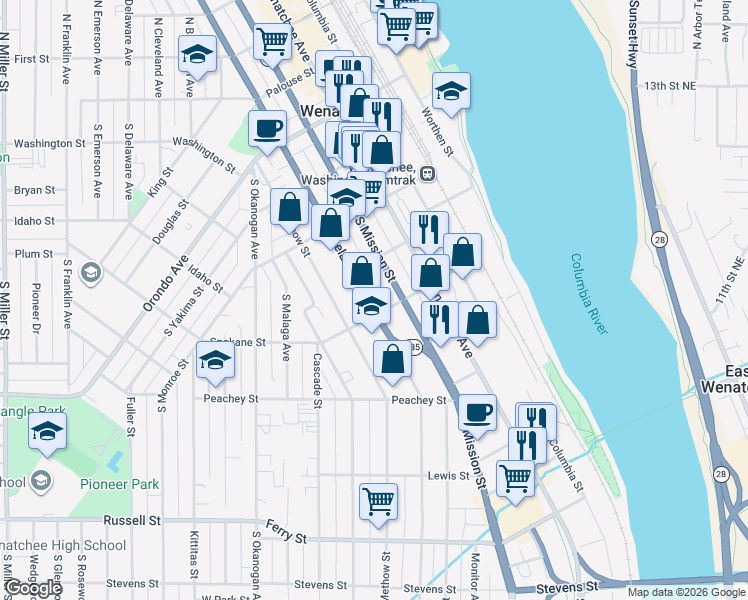 map of restaurants, bars, coffee shops, grocery stores, and more near 429 South Chelan Avenue in Wenatchee