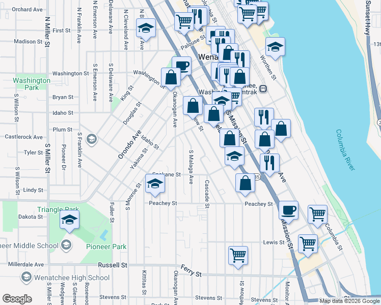 map of restaurants, bars, coffee shops, grocery stores, and more near 334 Roosevelt Street in Wenatchee