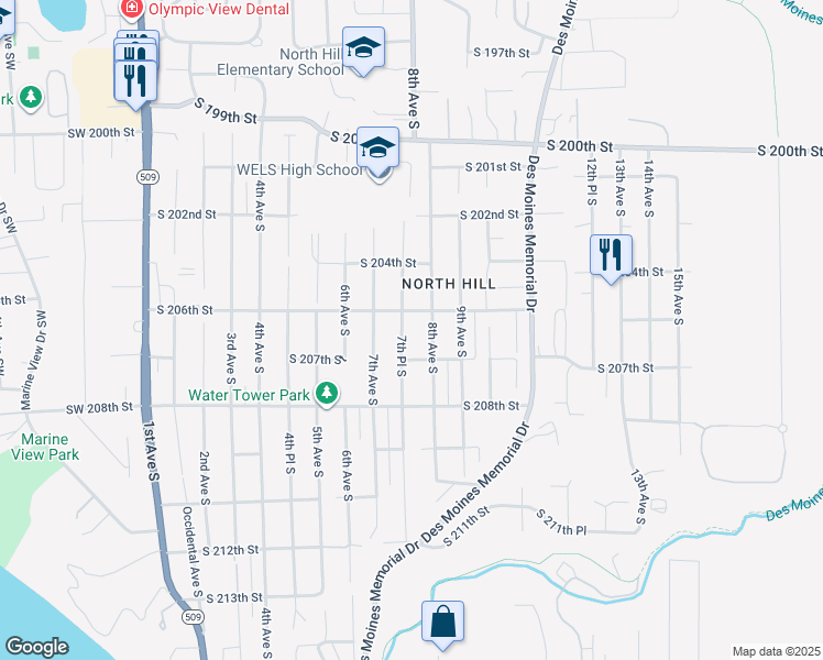 map of restaurants, bars, coffee shops, grocery stores, and more near 20614 7th Place South in Des Moines