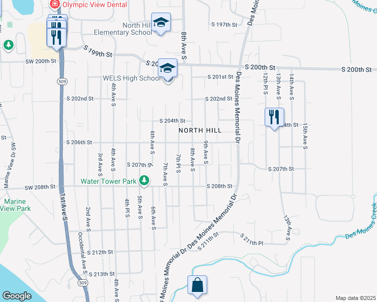 map of restaurants, bars, coffee shops, grocery stores, and more near 20614 7th Place South in Des Moines