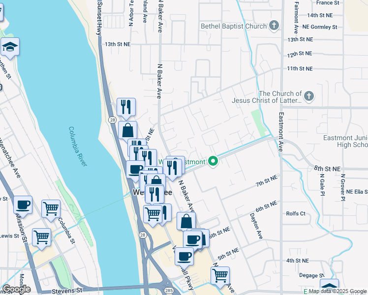 map of restaurants, bars, coffee shops, grocery stores, and more near 939 North Baker Avenue in East Wenatchee