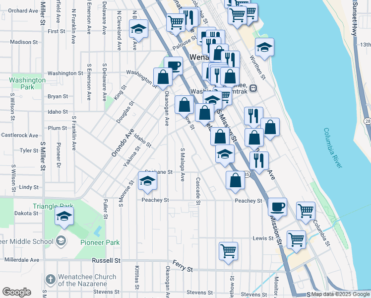map of restaurants, bars, coffee shops, grocery stores, and more near 334 Roosevelt Street in Wenatchee