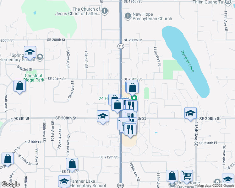 map of restaurants, bars, coffee shops, grocery stores, and more near 20505 108th Avenue Southeast in Kent