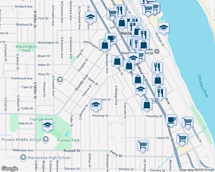 map of restaurants, bars, coffee shops, grocery stores, and more near 300 Okanogan Avenue in Wenatchee