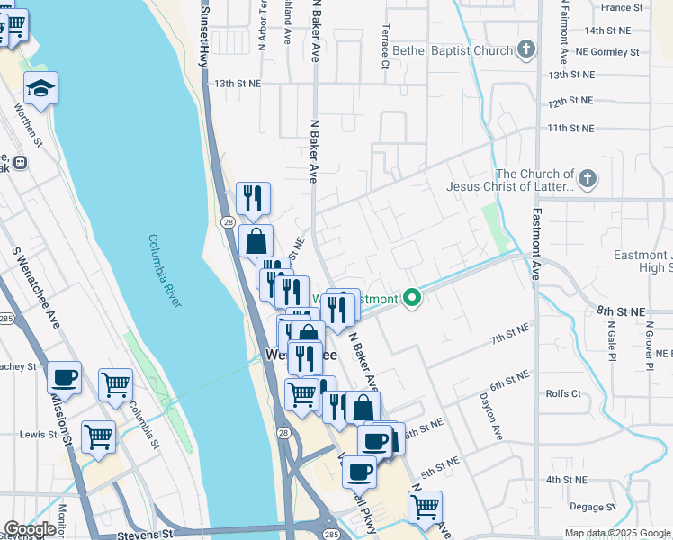 map of restaurants, bars, coffee shops, grocery stores, and more near 939 North Baker Avenue in East Wenatchee