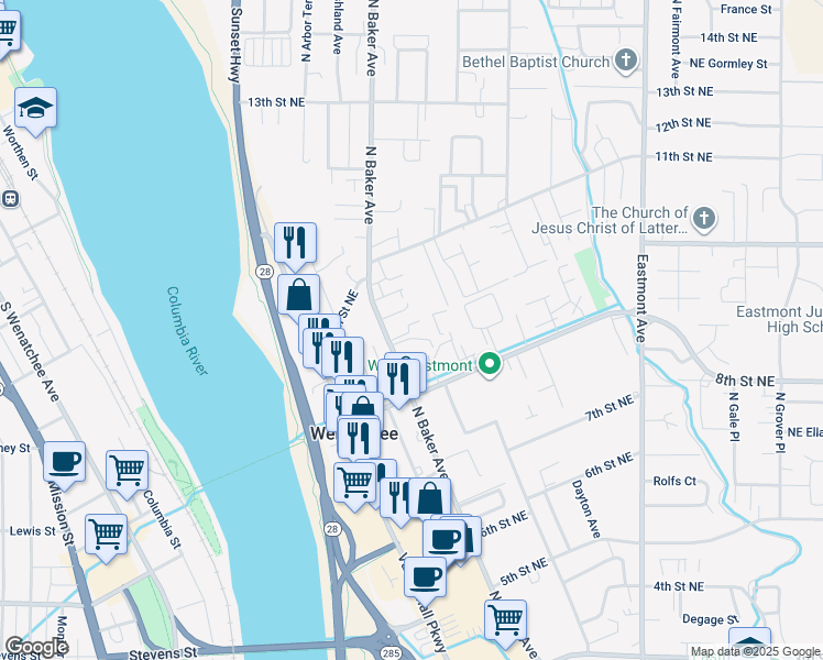 map of restaurants, bars, coffee shops, grocery stores, and more near 939 North Baker Avenue in East Wenatchee