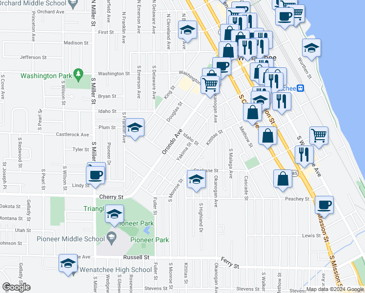 map of restaurants, bars, coffee shops, grocery stores, and more near 615 1/2 Yakima Street in Wenatchee