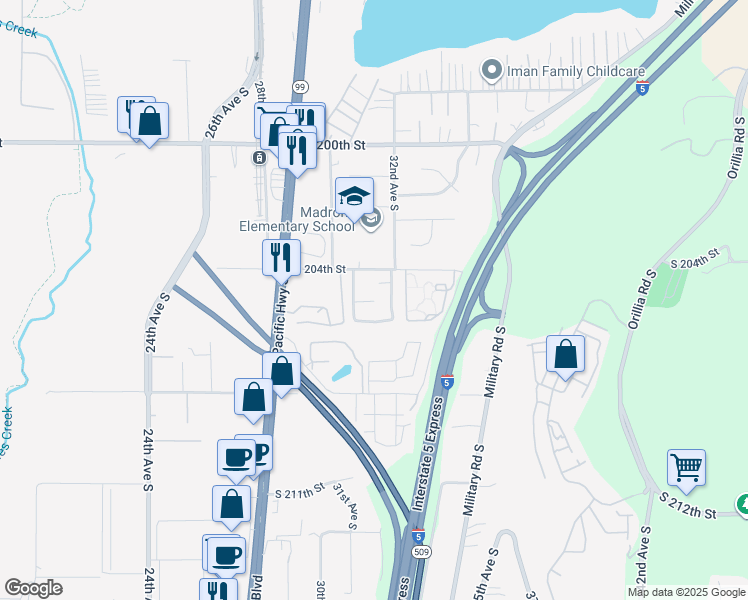map of restaurants, bars, coffee shops, grocery stores, and more near 3035 South 204th Street in SeaTac