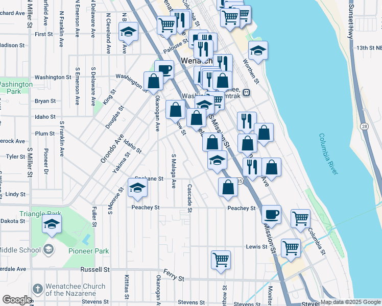 map of restaurants, bars, coffee shops, grocery stores, and more near 402 Methow Street in Wenatchee