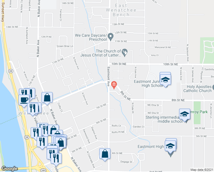 map of restaurants, bars, coffee shops, grocery stores, and more near 868 Eastmont Avenue in East Wenatchee