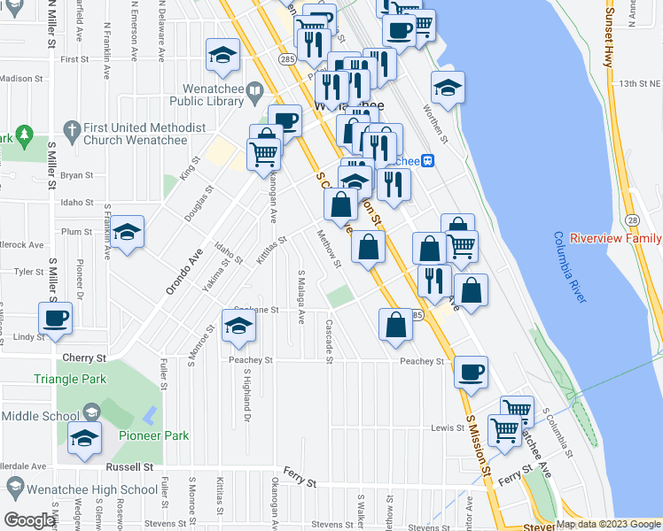 map of restaurants, bars, coffee shops, grocery stores, and more near 402 Methow Street in Wenatchee