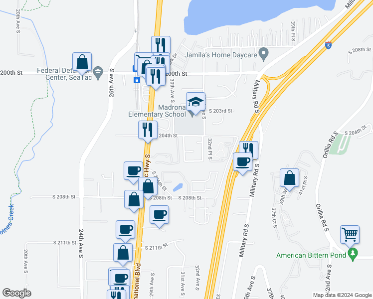 map of restaurants, bars, coffee shops, grocery stores, and more near 3031 South 204th Street in Seattle