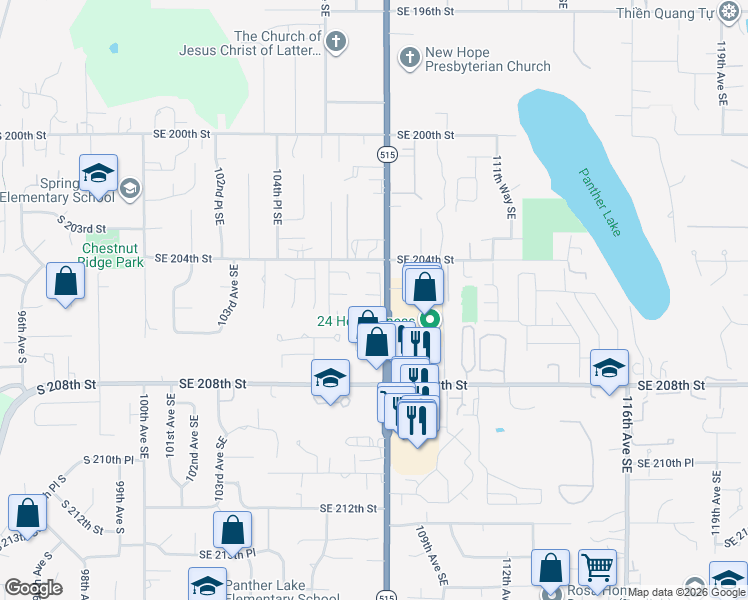 map of restaurants, bars, coffee shops, grocery stores, and more near 20505 108th Avenue Southeast in Kent