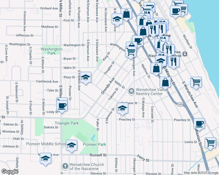 map of restaurants, bars, coffee shops, grocery stores, and more near 627 Orondo Avenue in Wenatchee