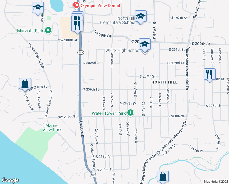 map of restaurants, bars, coffee shops, grocery stores, and more near 20604 4th Avenue South in Des Moines