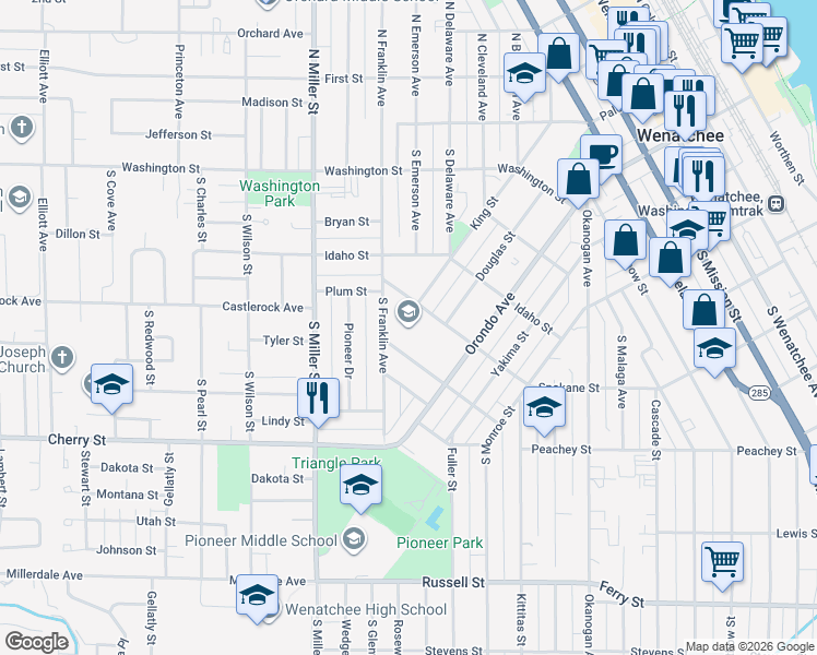 map of restaurants, bars, coffee shops, grocery stores, and more near 600 Alaska Street in Wenatchee
