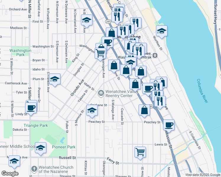 map of restaurants, bars, coffee shops, grocery stores, and more near 327 Okanogan Avenue in Wenatchee