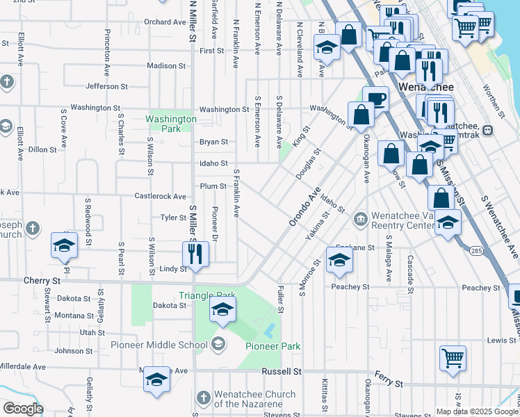 map of restaurants, bars, coffee shops, grocery stores, and more near 613 Hawthorne Street in Wenatchee