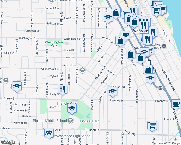 map of restaurants, bars, coffee shops, grocery stores, and more near 600 Alaska Street in Wenatchee