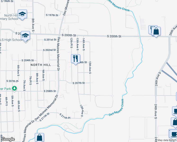 map of restaurants, bars, coffee shops, grocery stores, and more near 20435 15th Avenue South in SeaTac